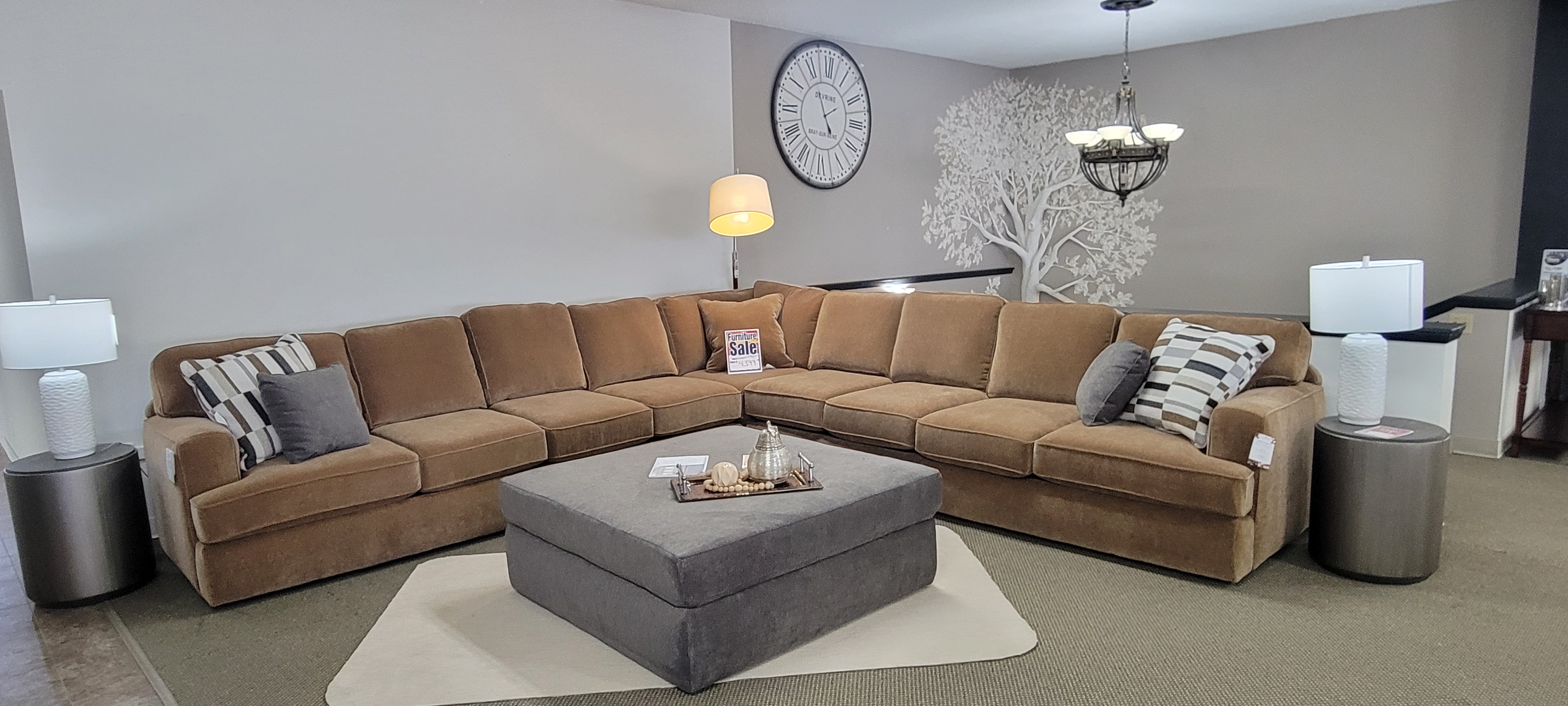 Large caramel sectional with ottoman